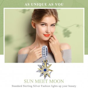 Stříbrné Visací Přívěsek Pavé Slunce Meet Měsíc SCC1135, Kubická zirkonie, Pandora styl