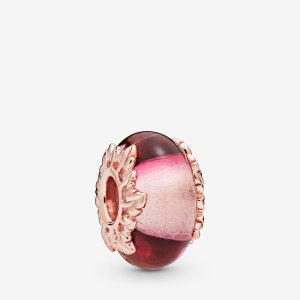 (obrázek pro) přívěsek PANDORA Růžové Murano sklo a listy - 788244