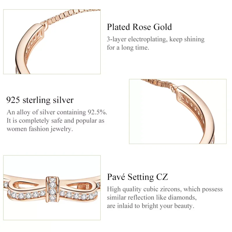 (obrázek pro) Rose Gold Řetízkový náramek Sladký Bowknot SCB108-C, Kubická zirkonie, Pandora s - Zobrazit 6