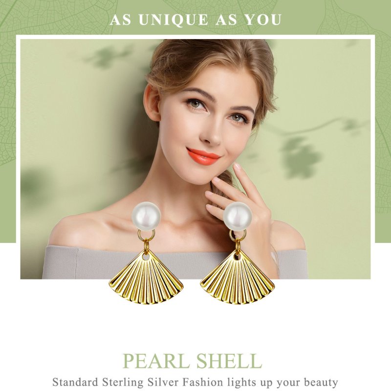 (obrázek pro) 14k Pozlacené Peckové Náušnice Shell & Perla SCE596 Pandora styl - Zobrazit 2