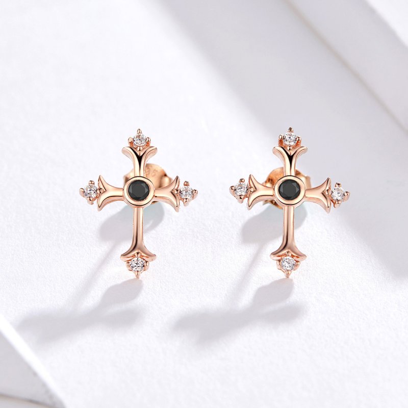 (obrázek pro) Rose Gold Peckové Náušnice Kříž SCE613, Kubická zirkonie, Pandora styl - Zobrazit 2