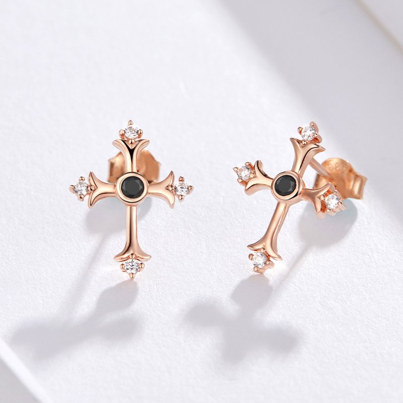 (obrázek pro) Rose Gold Peckové Náušnice Kříž SCE613, Kubická zirkonie, Pandora styl - Zobrazit 3