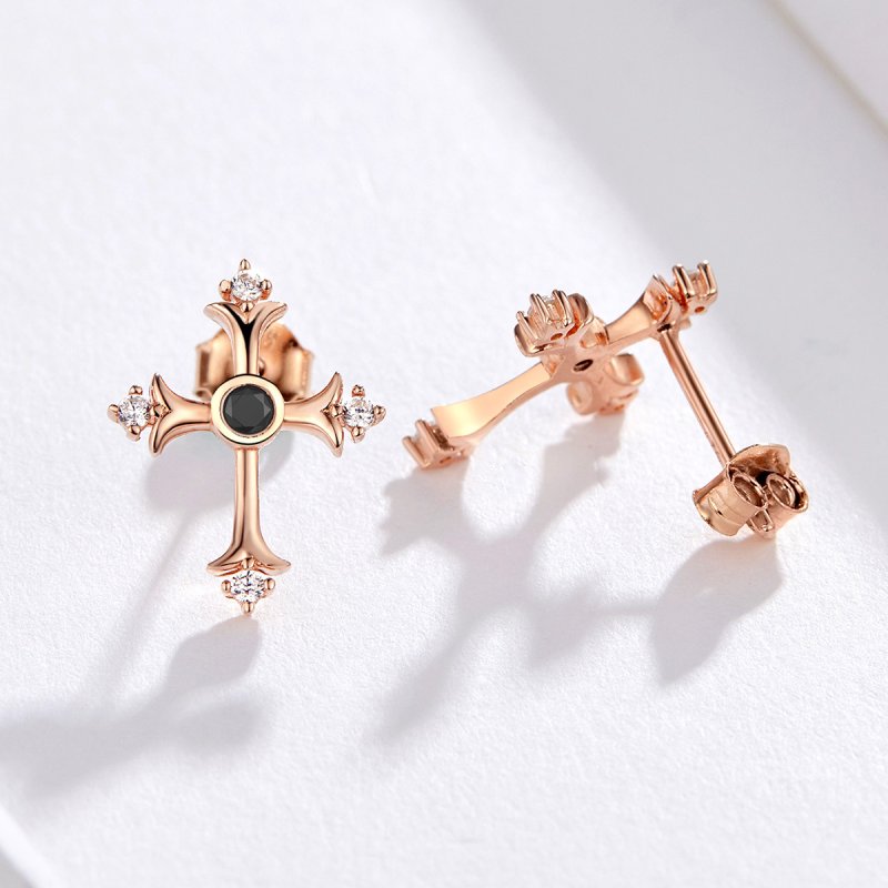 (obrázek pro) Rose Gold Peckové Náušnice Kříž SCE613, Kubická zirkonie, Pandora styl - Zobrazit 4