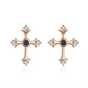 Rose Gold Peckové Náušnice Kříž SCE613, Kubická zirkonie, Pandora styl (obrázek pro) Rose Gold Peckové Náušnice Kříž SCE613, Kubická zirkonie, Pandora styl