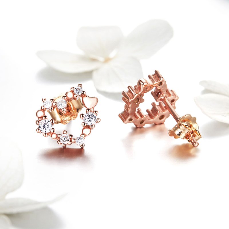 (obrázek pro) Rose Gold Peckové Náušnice Zářící Srdce SCE575, Kubická zirkonie, jako Pandora - Zobrazit 4