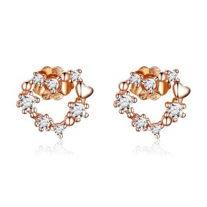 (obrázek pro) Rose Gold Peckové Náušnice Zářící Srdce SCE575, Kubická zirkonie, jako Pandora