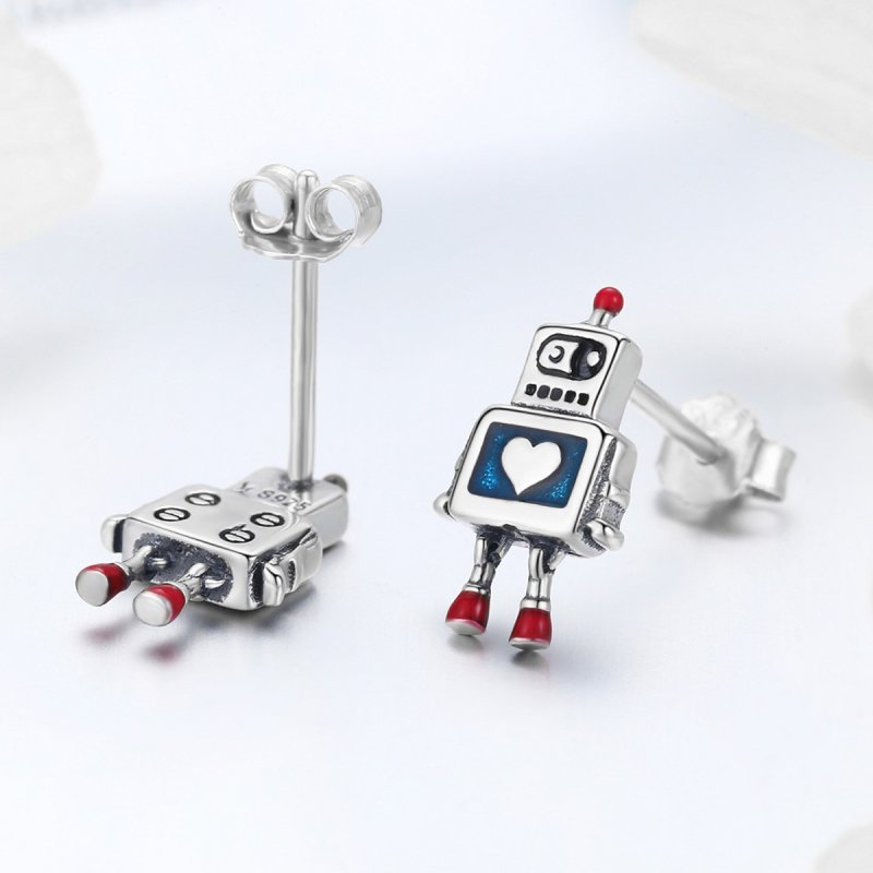 (obrázek pro) Stříbrné Peckové Náušnice Robot SCE477 Pandora styl - Zobrazit 3
