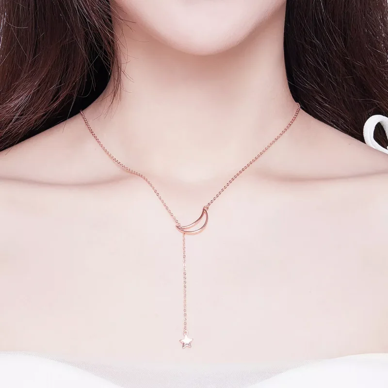 (obrázek pro) Rose Gold Řetízkový náhrdelník Hvězdný Měsíc SCN108-C Pandora styl - Zobrazit 4