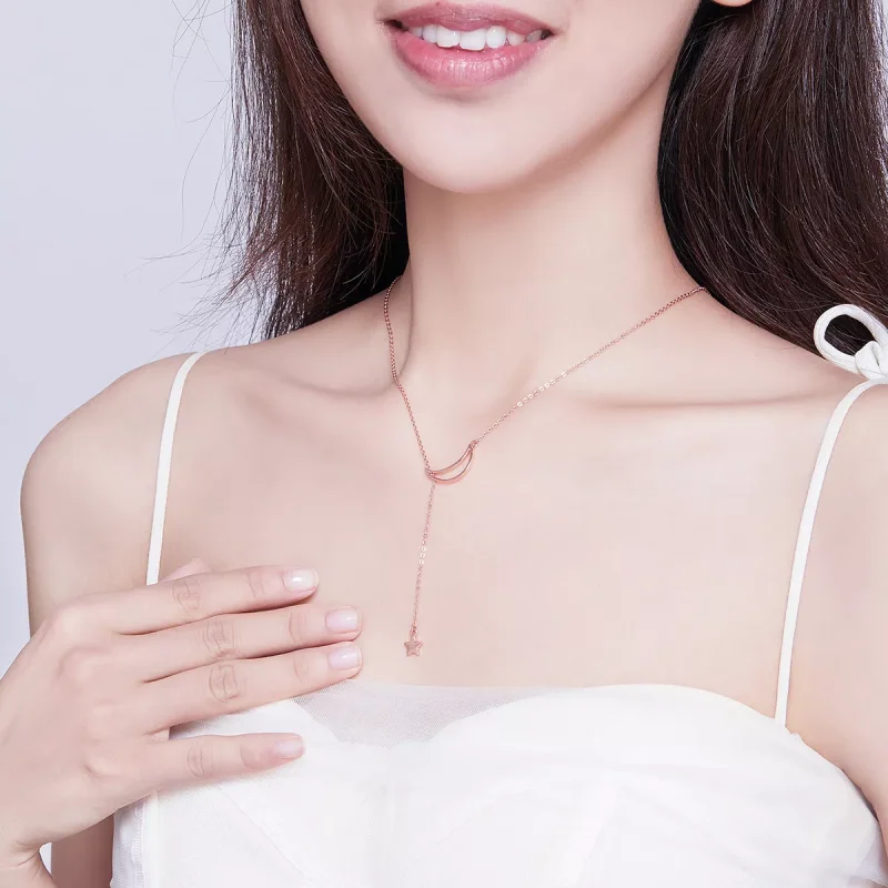 (obrázek pro) Rose Gold Řetízkový náhrdelník Hvězdný Měsíc SCN108-C Pandora styl - Zobrazit 5