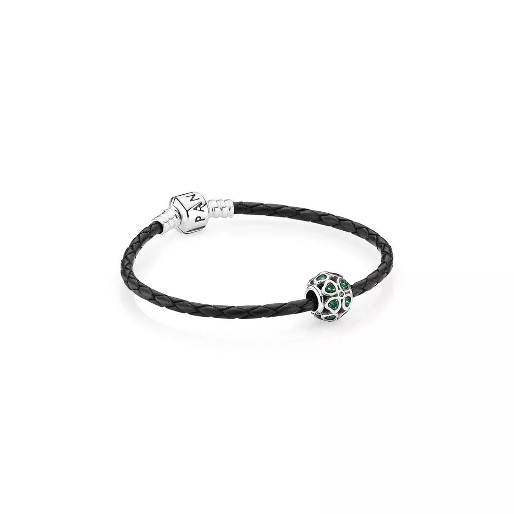 Moments jednoduchý pletený kožený náramek se Jetel z korálků - PANDORA